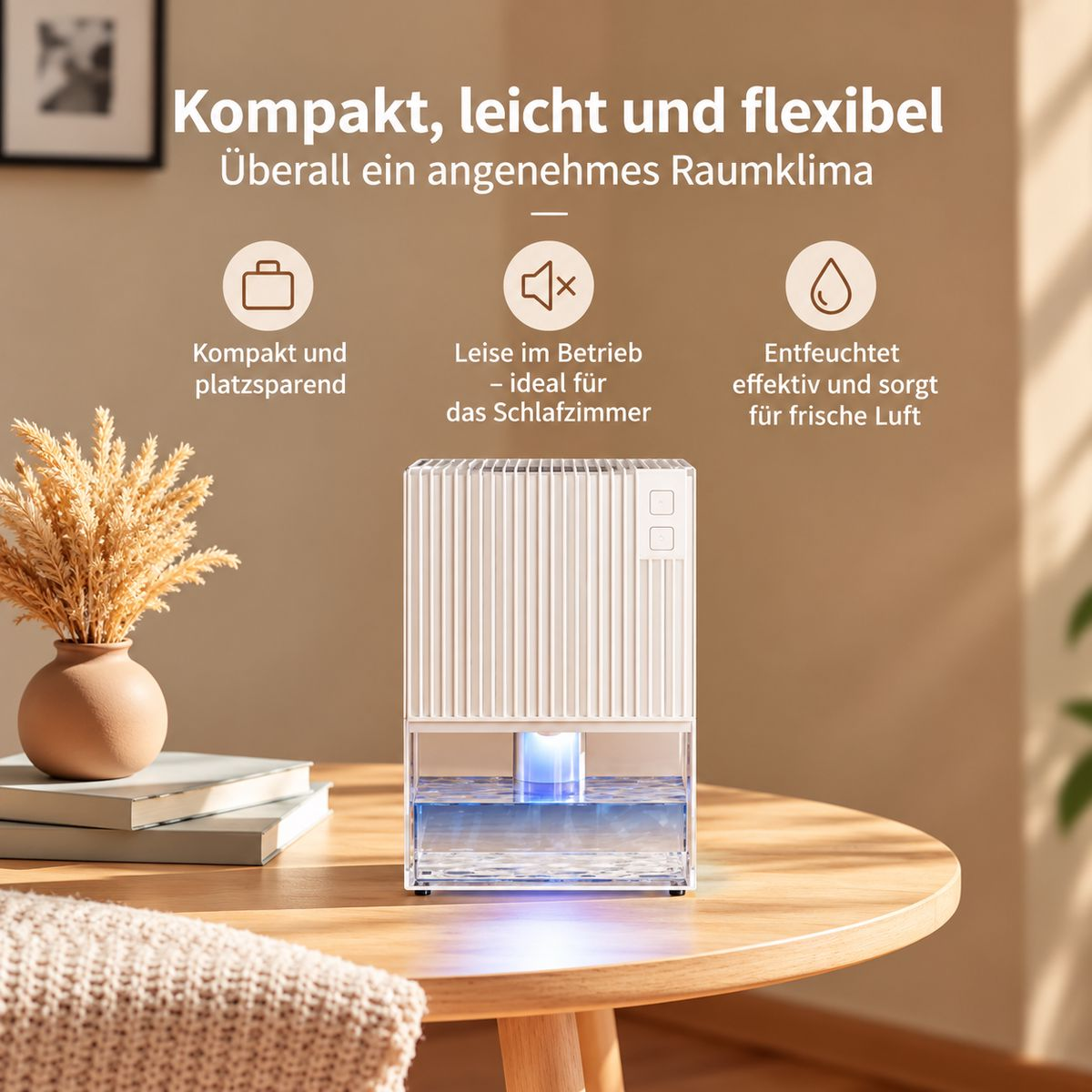 Weißer Luftentfeuchter auf einem Holztisch mit Text und Symbolen.