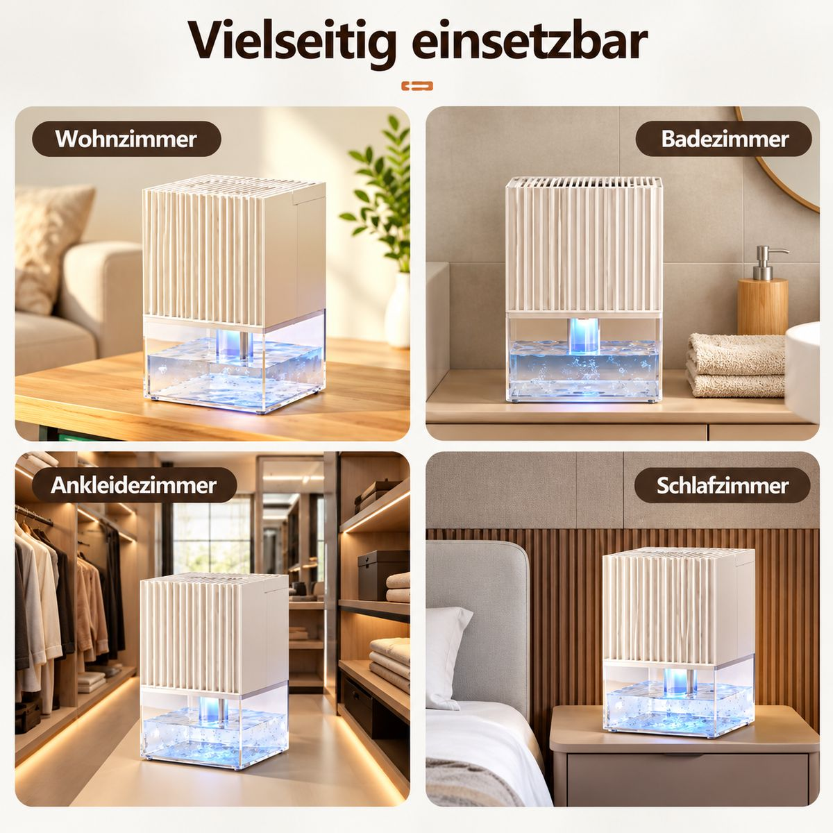 Ein weißer Luftentfeuchter mit Wassertank in vier verschiedenen Räumen: Wohnzimmer, Badezimmer, Ankleidezimmer und Schlafzimmer.
