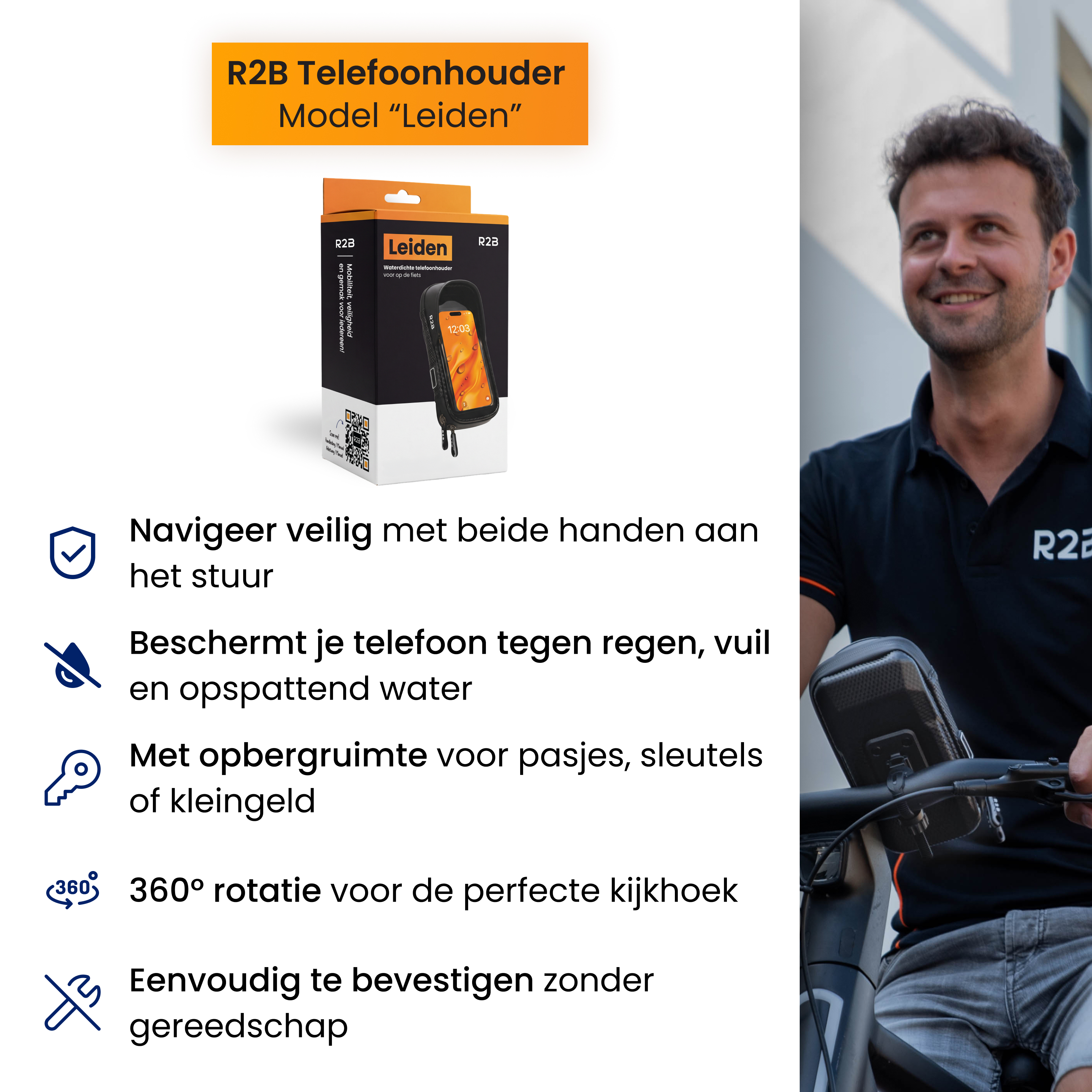 R2B Telefonhalter für das Fahrrad mit wasserdichter Tasche, 360-Grad-Drehung und einfachem werkzeuglosen Einbau.