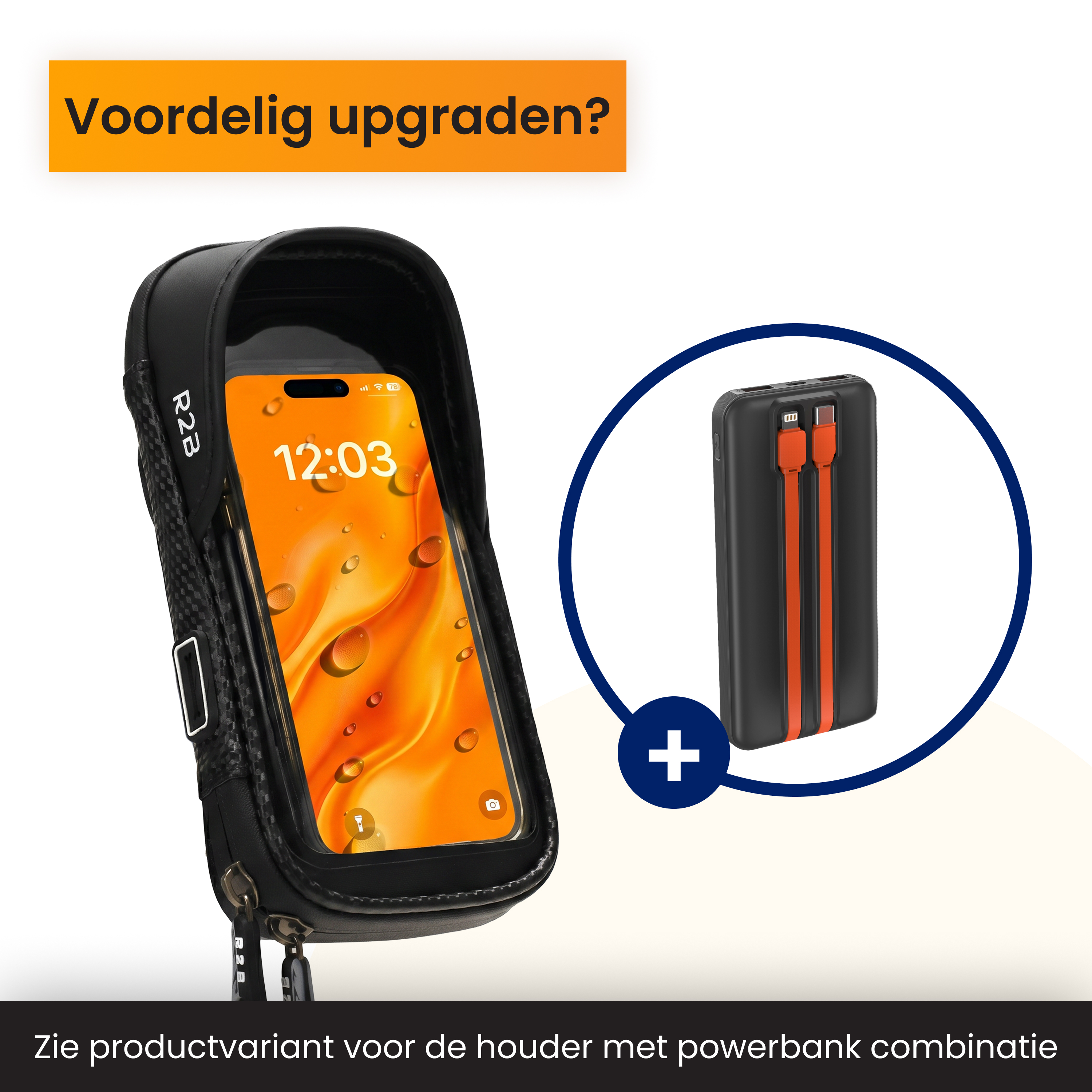 Schwarze Fahrrad-Handytasche mit Smartphone und Powerbank als Set.