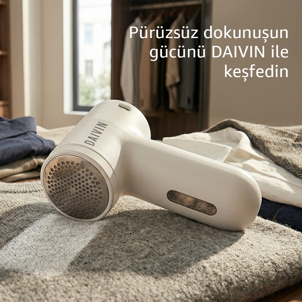 Gri bir kazak üzerinde bej rengi Daivin tüy tiftik temizleme makinesi, arkada dolap.