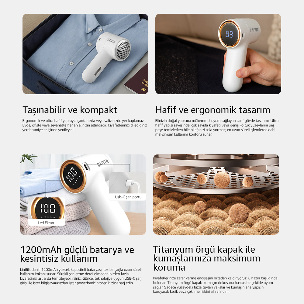 Dijital ekranlı ve USB-C şarj özellikli taşınabilir beyaz tüy toplama makinesini tanıtan görsel.