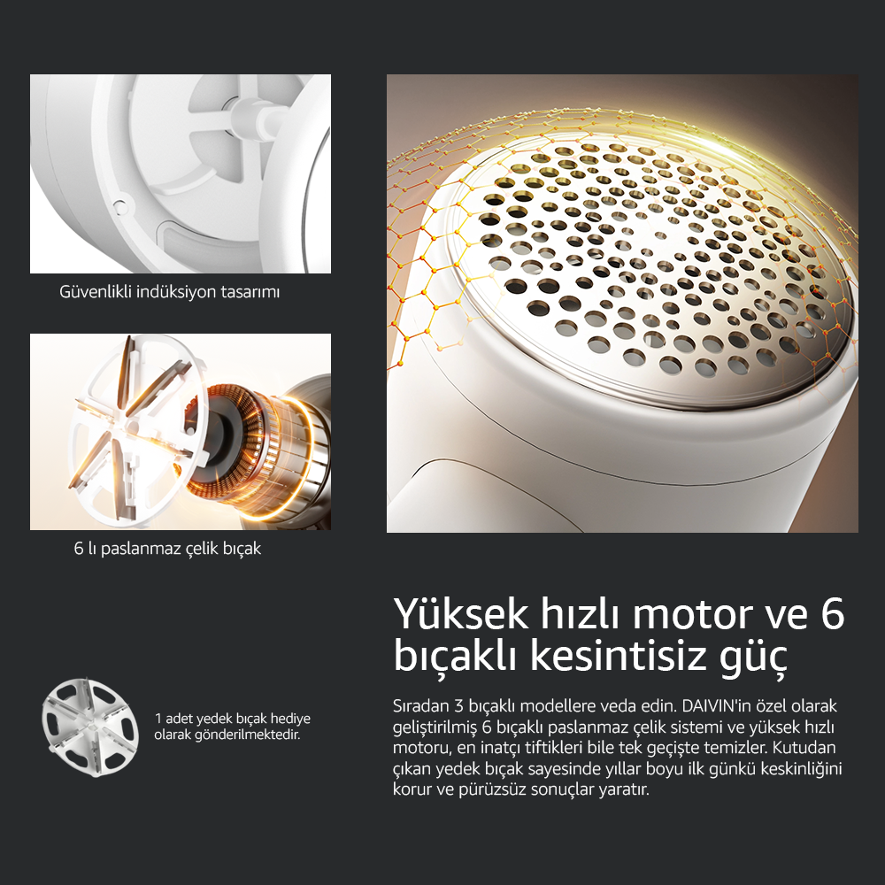 6 paslanmaz çelik bıçaklı, koruyucu ağlı ve hızlı motorlu kumaş tüy tiftik temizleyici.
