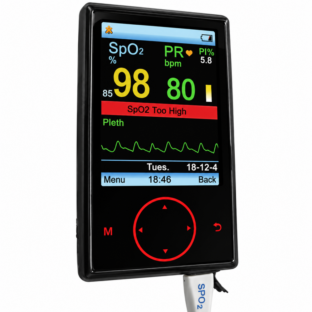 Pulsioxímetro con pantalla digital que muestra SpO2 en 98, frecuencia de pulso en 80 lpm y una onda pletismográfica.