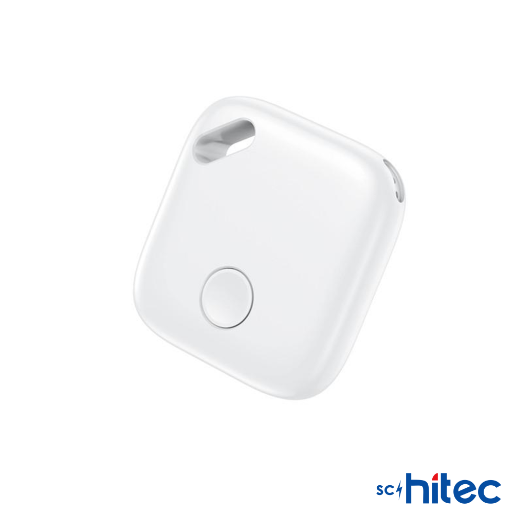 Beyaz arka planda yuvarlak düğmeli ve üst deliği olan beyaz kare Bluetooth takip cihazı.