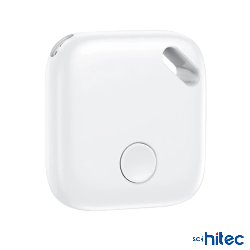 Beyaz arkaplanda yuvarlak düğmeli ve köşede delikli beyaz kare bir Bluetooth takip cihazı.