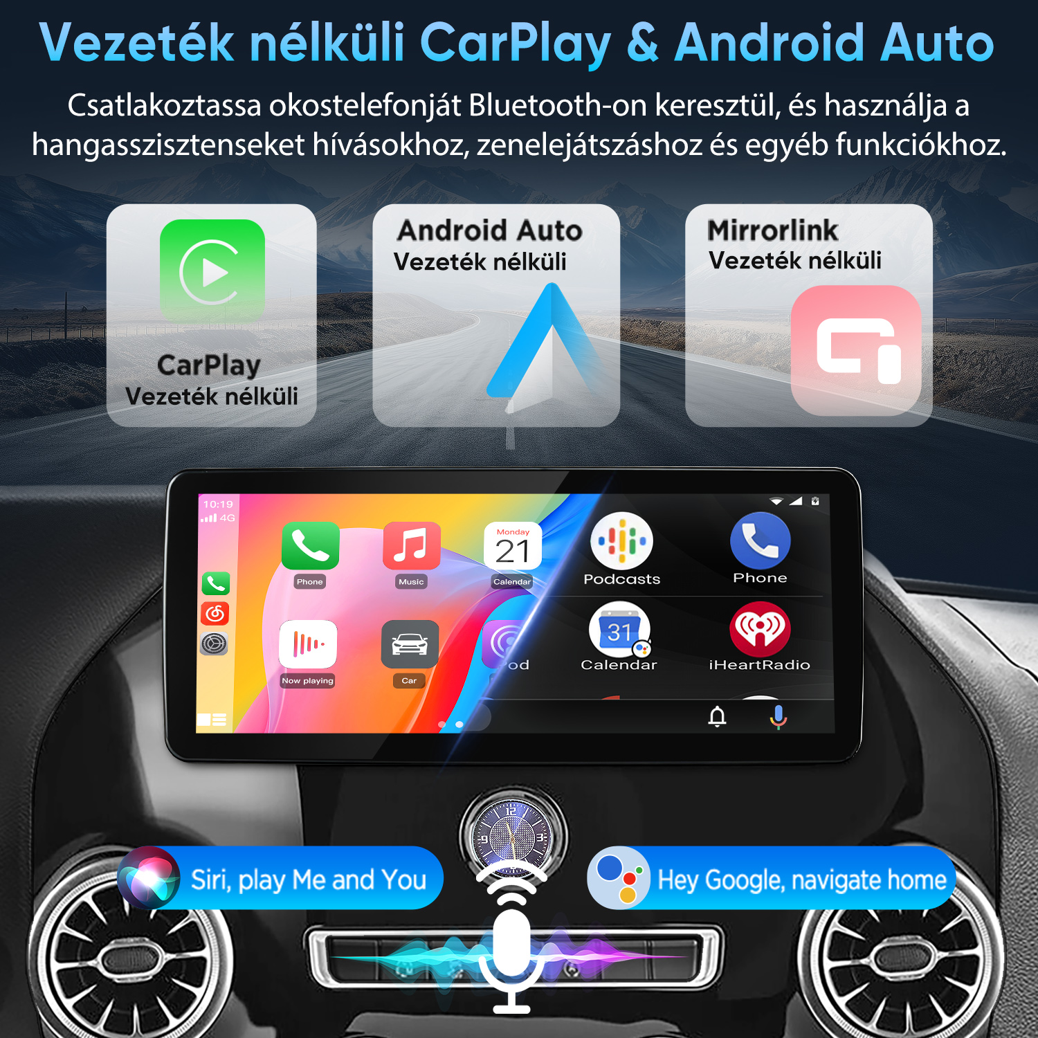 Autó műszerfal kijelzővel, vezeték nélküli CarPlay és Android Auto funkciókkal.