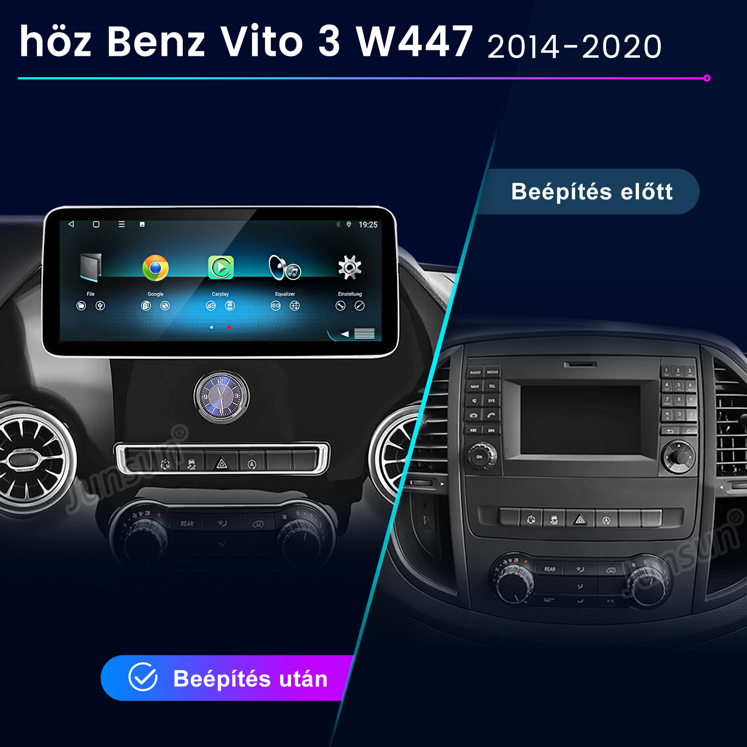 Mercedes Benz Vito műszerfal összehasonlítás új érintőképernyős multimédiás kijelző beszerelése előtt és után.