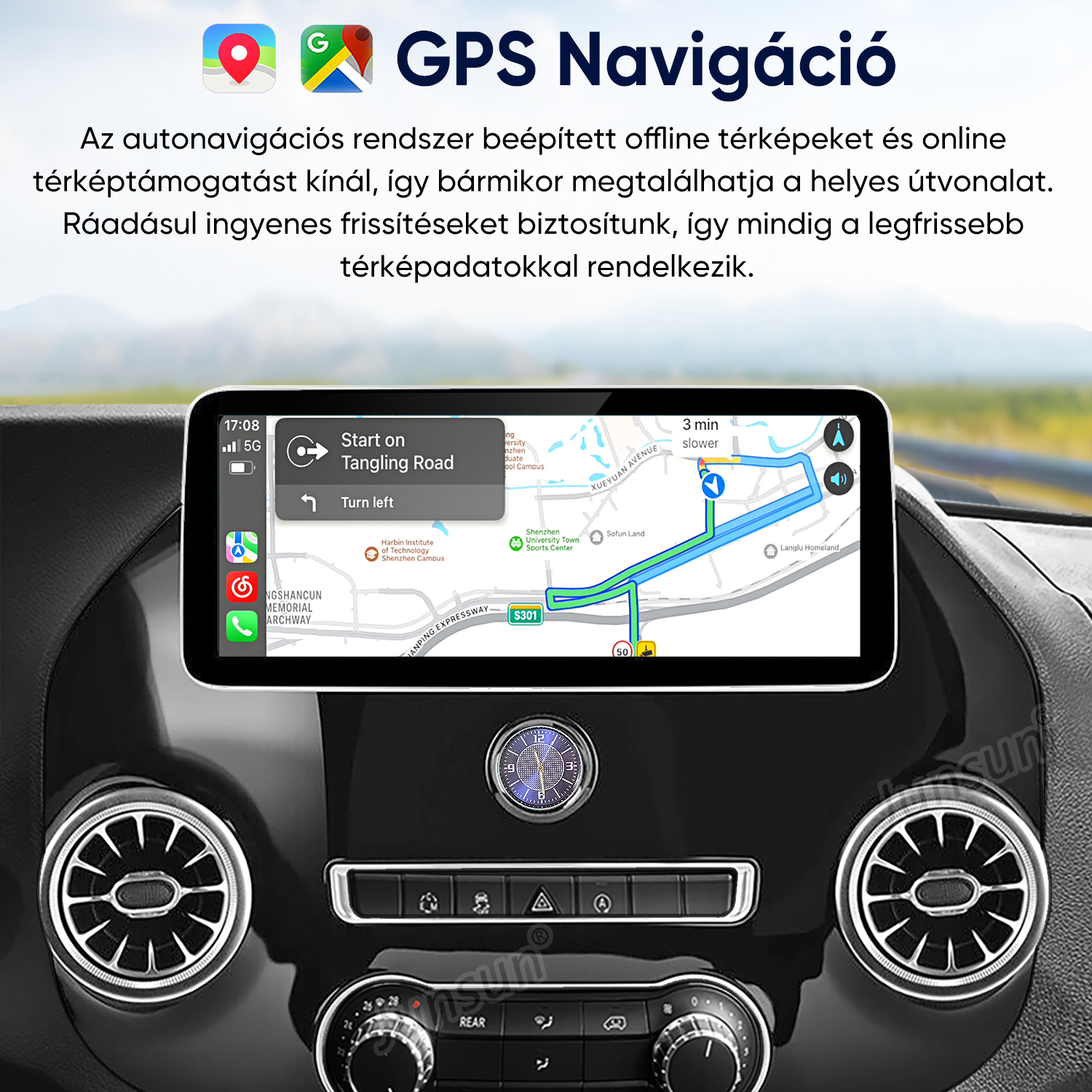 Autós GPS képernyő navigációs térképpel egy műszerfalra szerelve.