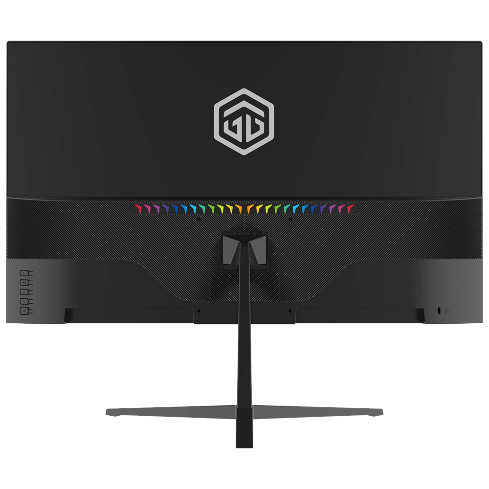RGB aydınlatmalı, marka logolu ve şık ayaklı siyah bir monitörün arkası.
