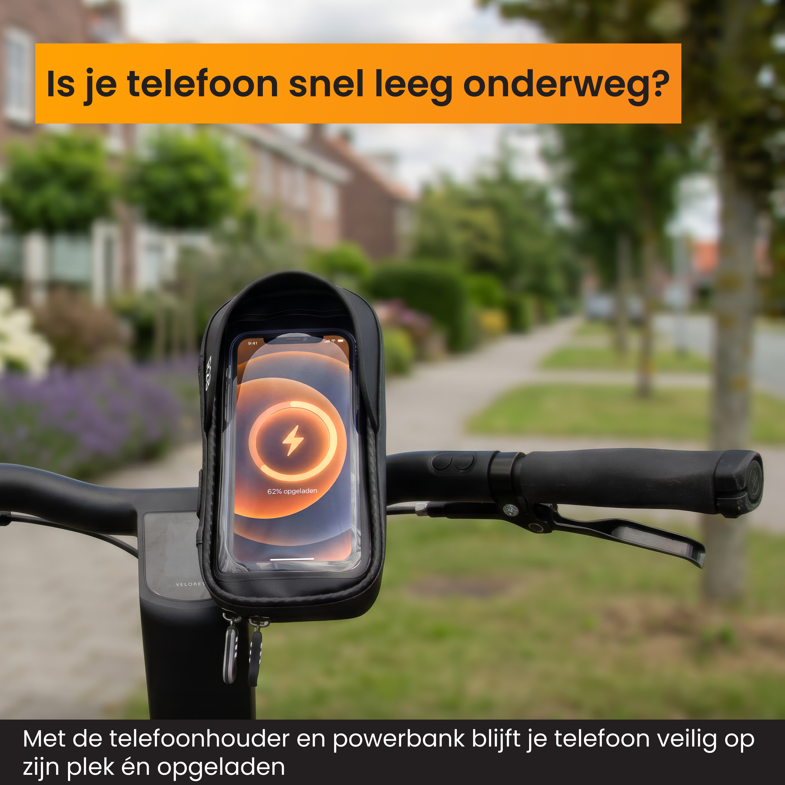 Smartphone in einer Fahrradhalterung am Lenker vor einer unscharfen Straße.