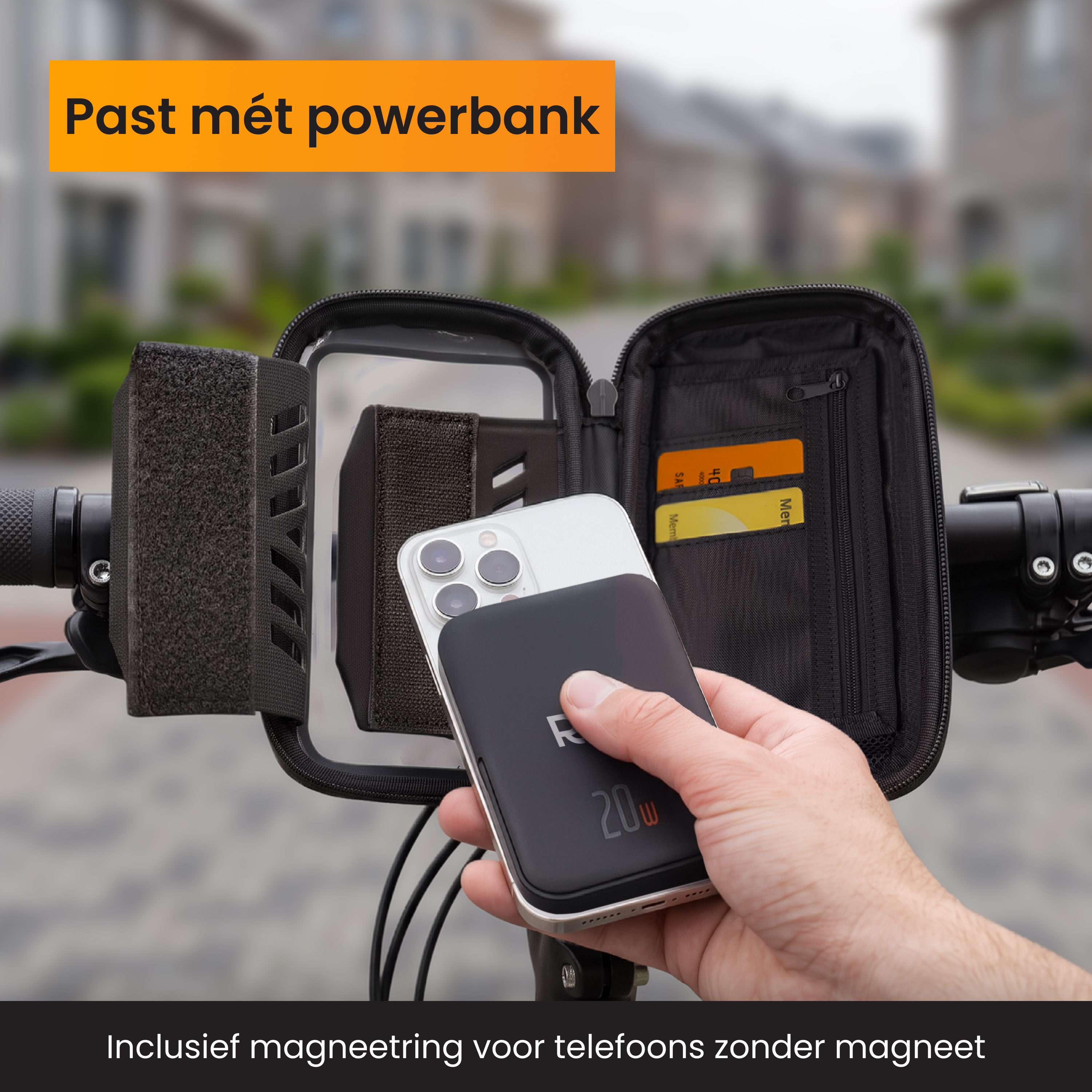 Handy mit Powerbank vor einer offenen Fahrradtasche.