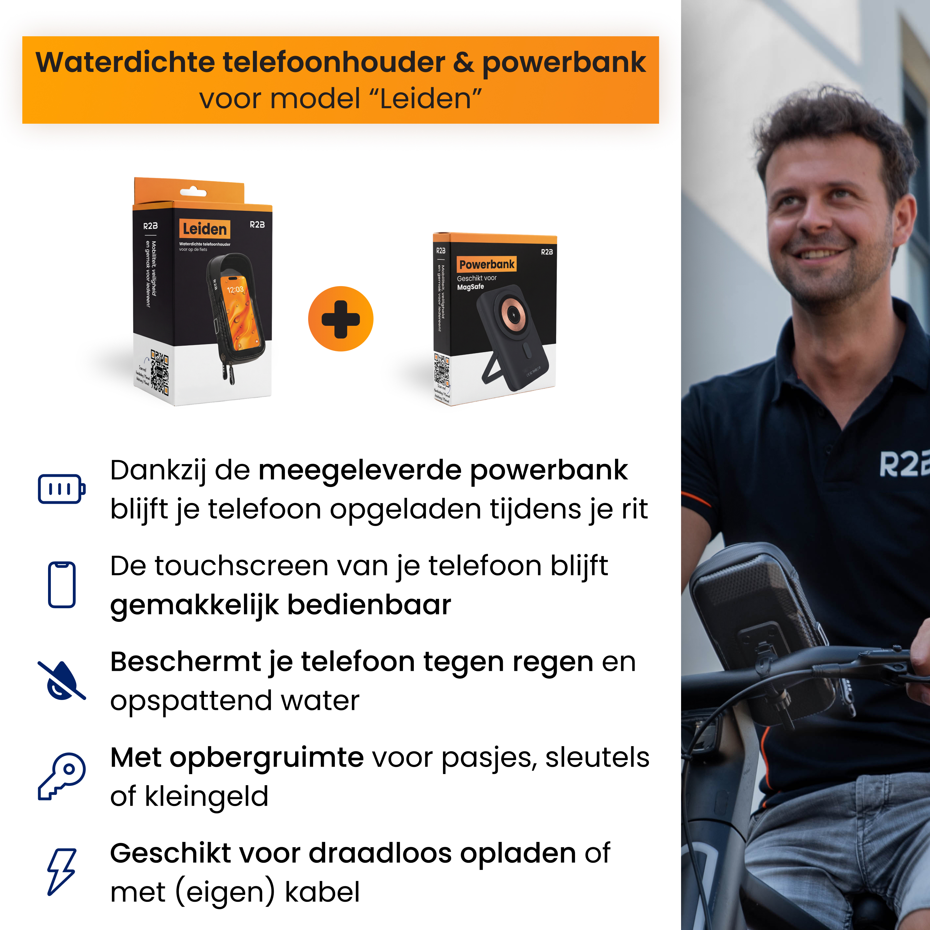 Wasserdichte Handyhalterung und Powerbank für Fahrräder mit Produktfeatures und einem lächelnden Mann.