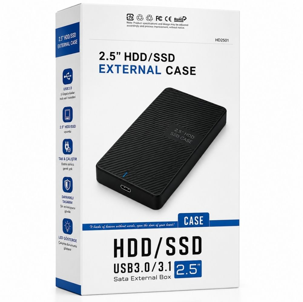 Mavi detaylara sahip siyah 2,5 inç HDD/SSD USB 3.0 harici kutu için beyaz ürün kutusu.