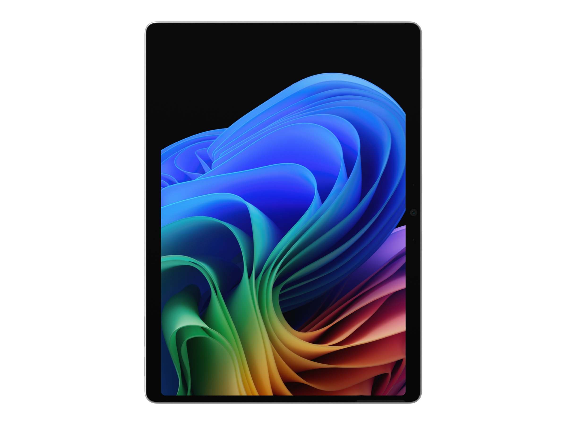 Tablet wyświetla kolorowe, płynne tło z fal w kolorze niebieskim, zielonym i pomarańczowym.