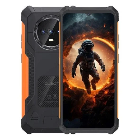 Teléfono resistente con diseño naranja y negro y pantalla de astronauta.