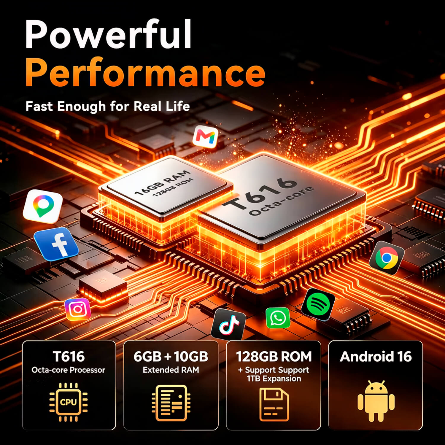 Chip procesador T616 brillante en una placa de circuito con iconos de aplicaciones.