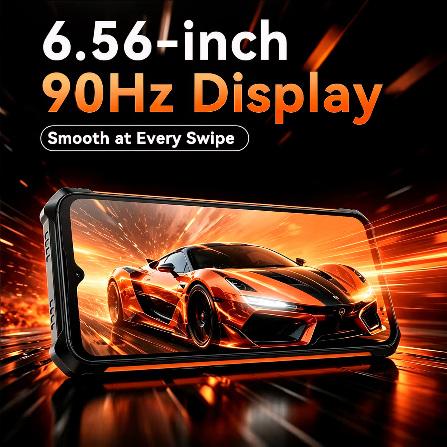 Un teléfono muestra un coche naranja en la pantalla con texto sobre una pantalla de 6.56 pulgadas.