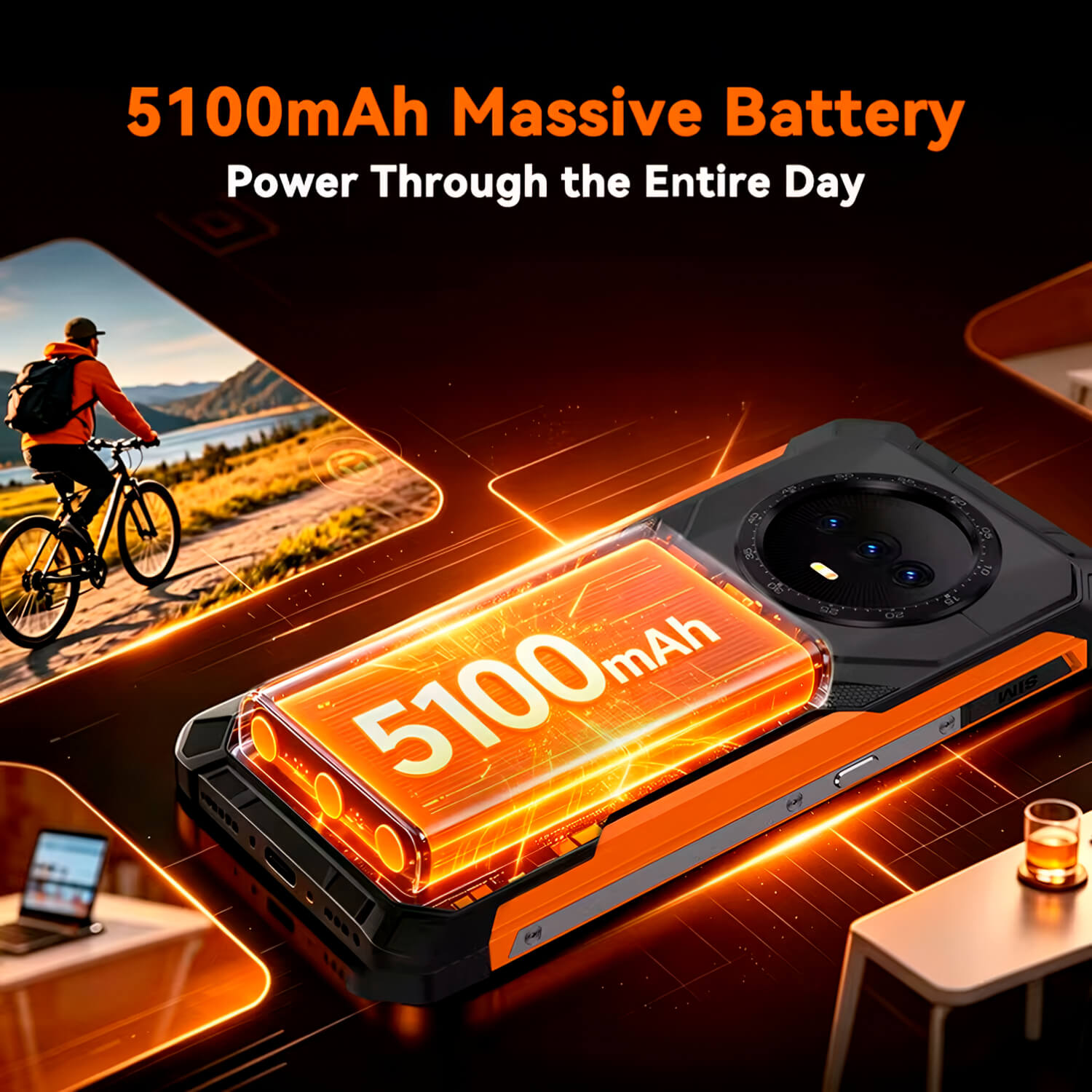 Smartphone resistente con gráfico de batería transparente de 5100mAh iluminado en naranja.