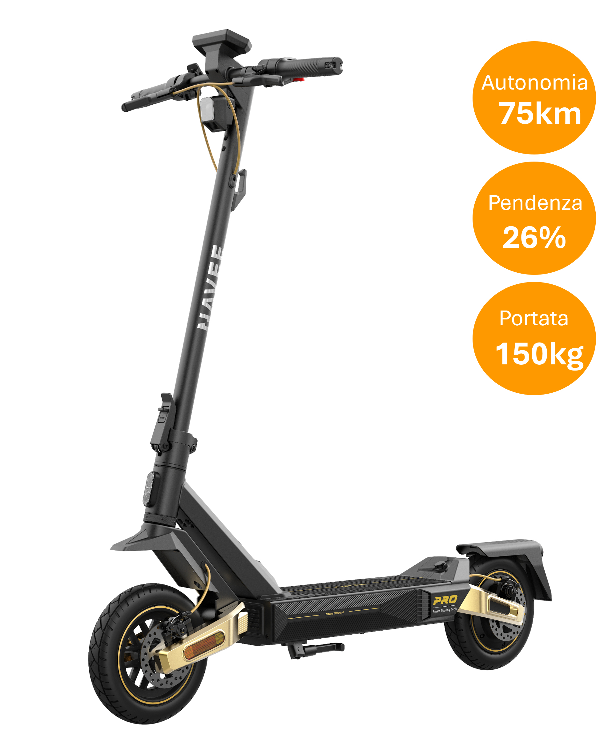 Schwarzer E-Scooter mit goldenen Details und drei orangefarbenen Info-Kreisen auf der rechten Seite.