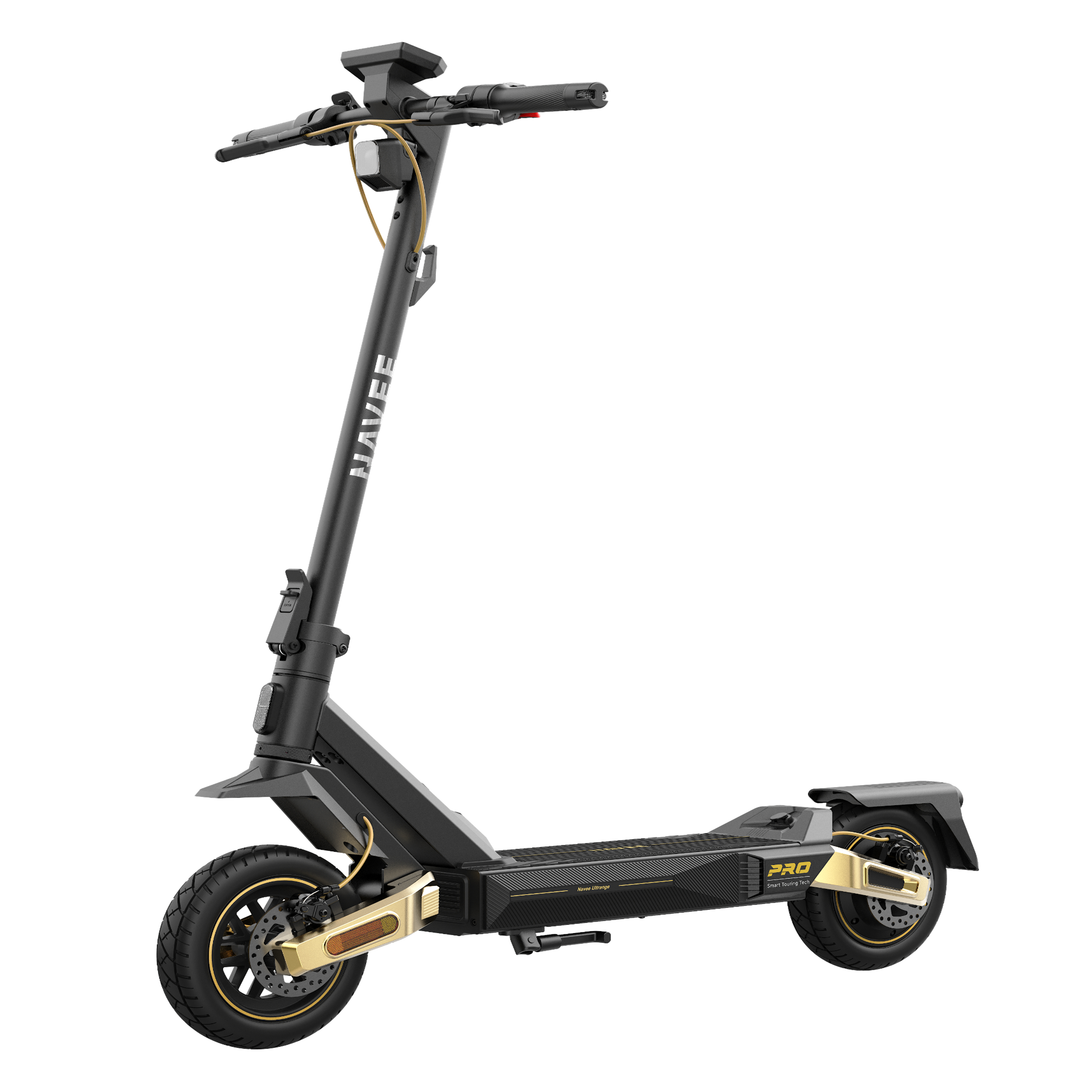 Ein schwarzer E-Scooter mit goldenen Akzenten steht vor weißem Hintergrund.