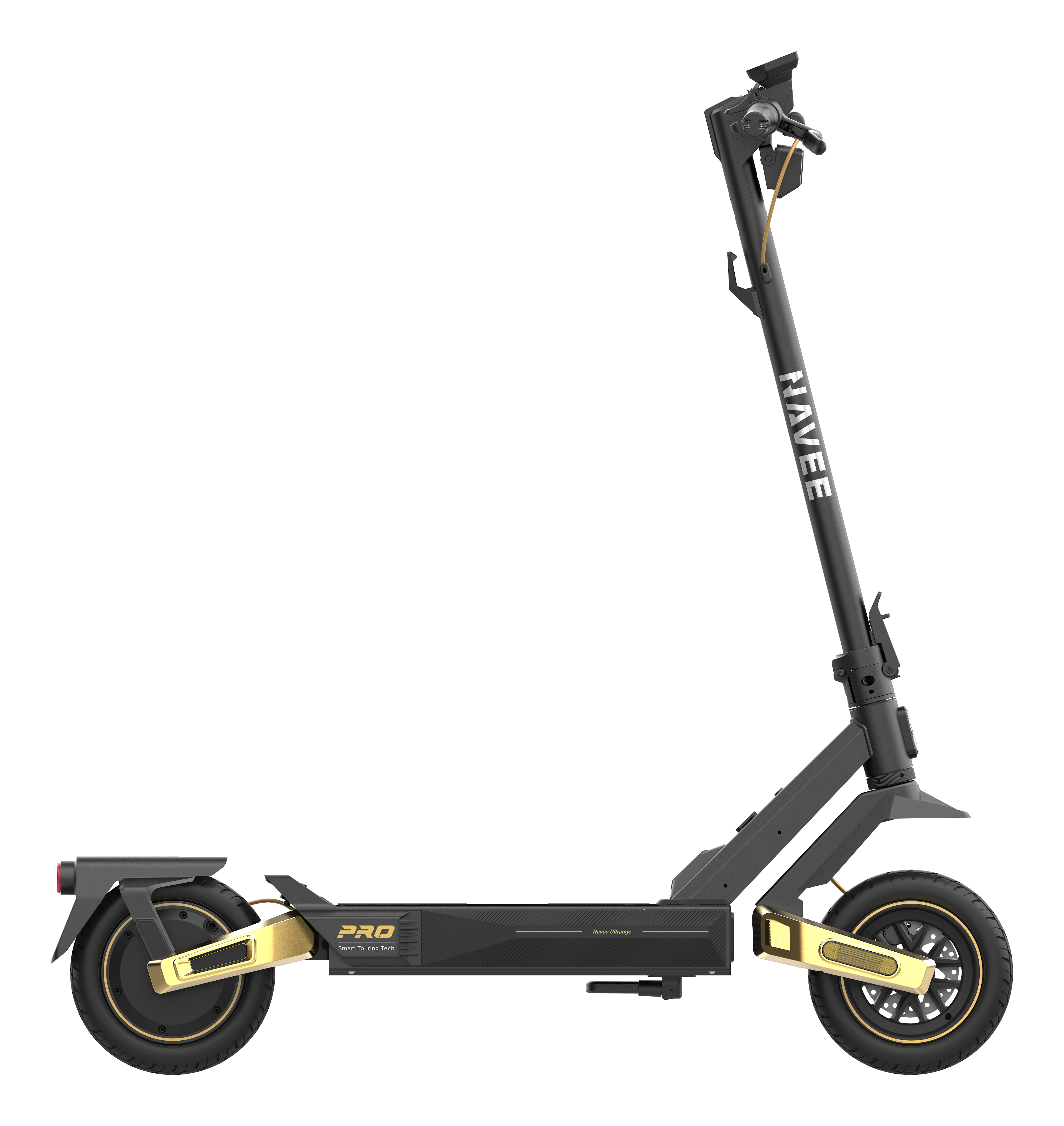 Ein schwarzer E-Scooter mit goldenen Akzenten steht auf weißem Hintergrund, Seitenprofil.