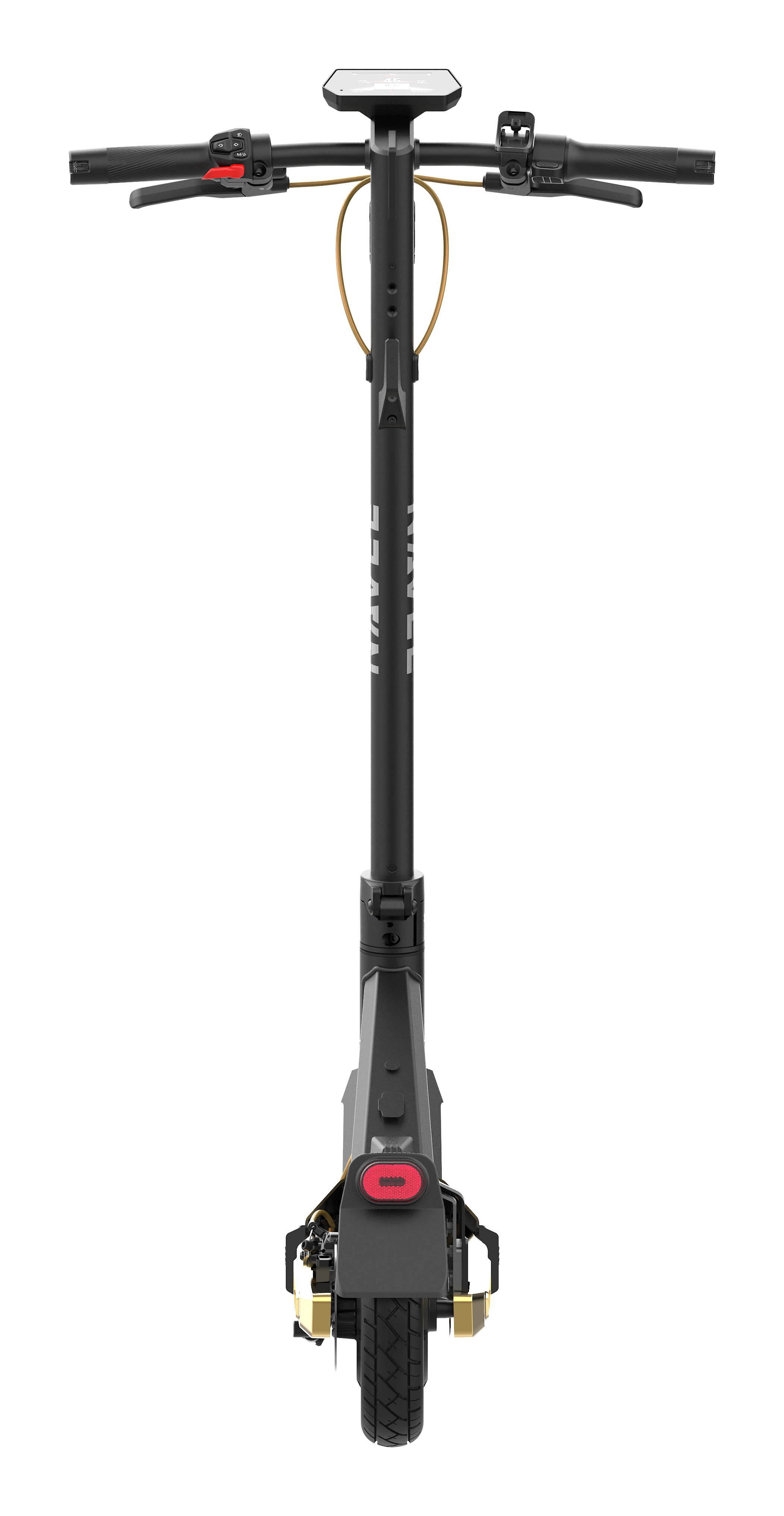 Frontansicht eines schwarzen E-Scooters mit geradem Lenker und Display auf weißem Hintergrund.