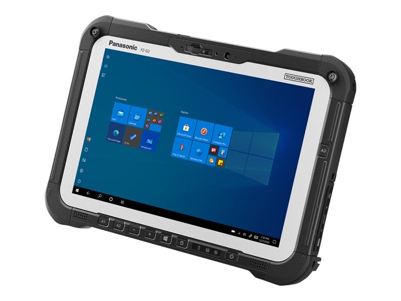 Wytrzymały tablet Panasonic Toughbook z czarną ramką i niebieskim ekranem systemu Windows.