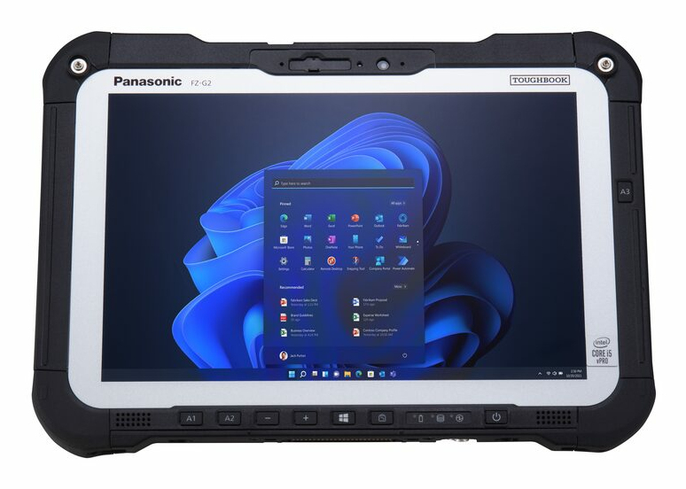 Tablet Panasonic Toughbook z czarną ramką ochronną i włączonym ekranem systemu Windows 11.