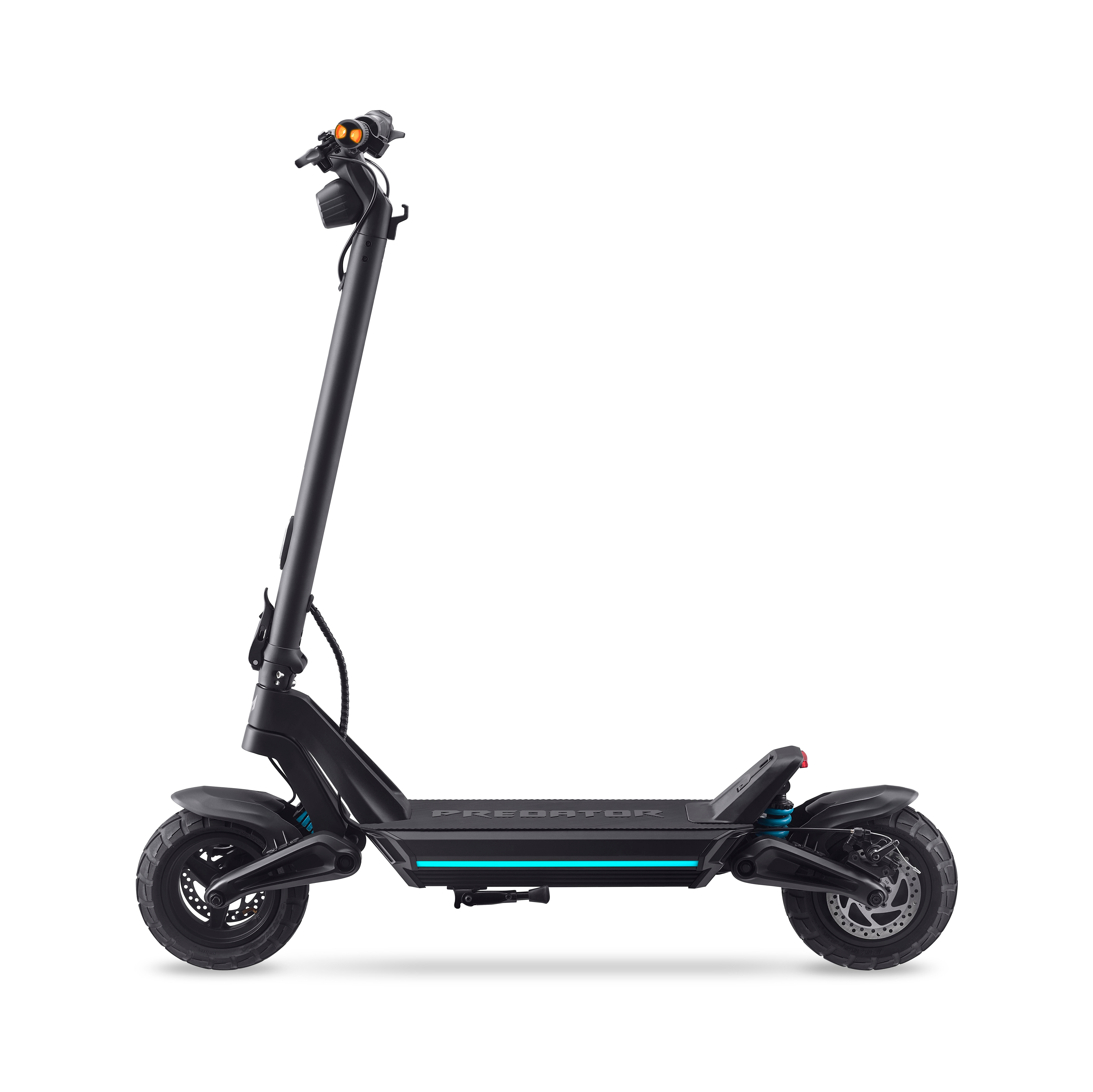 Un monopattino elettrico nero con pneumatici spessi e una striscia LED turchese sul lato.