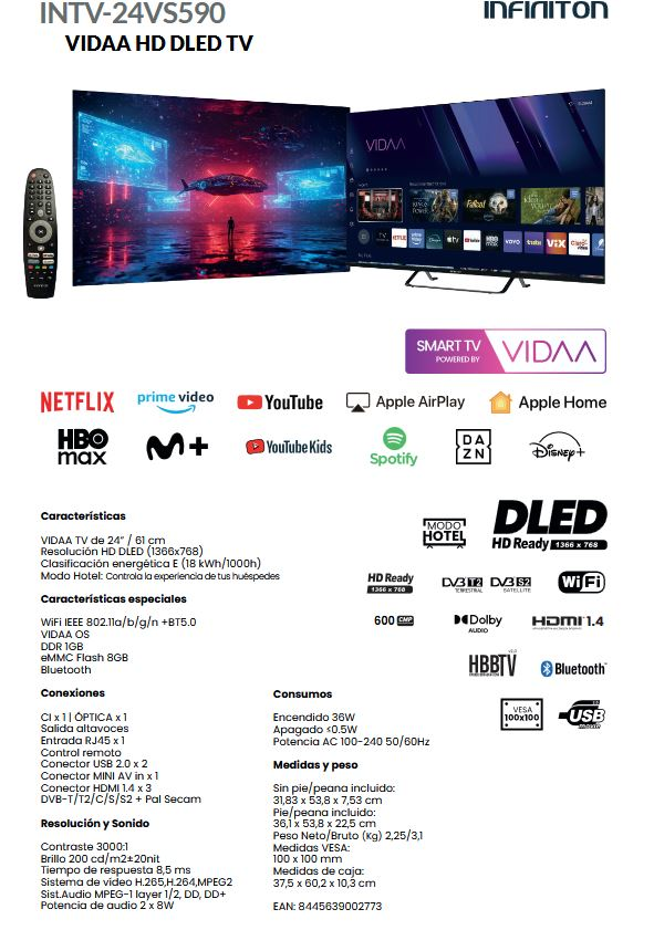 Ficha de producto de un televisor VIDAA HD DLED de 24 pulgadas con especificaciones y logos.