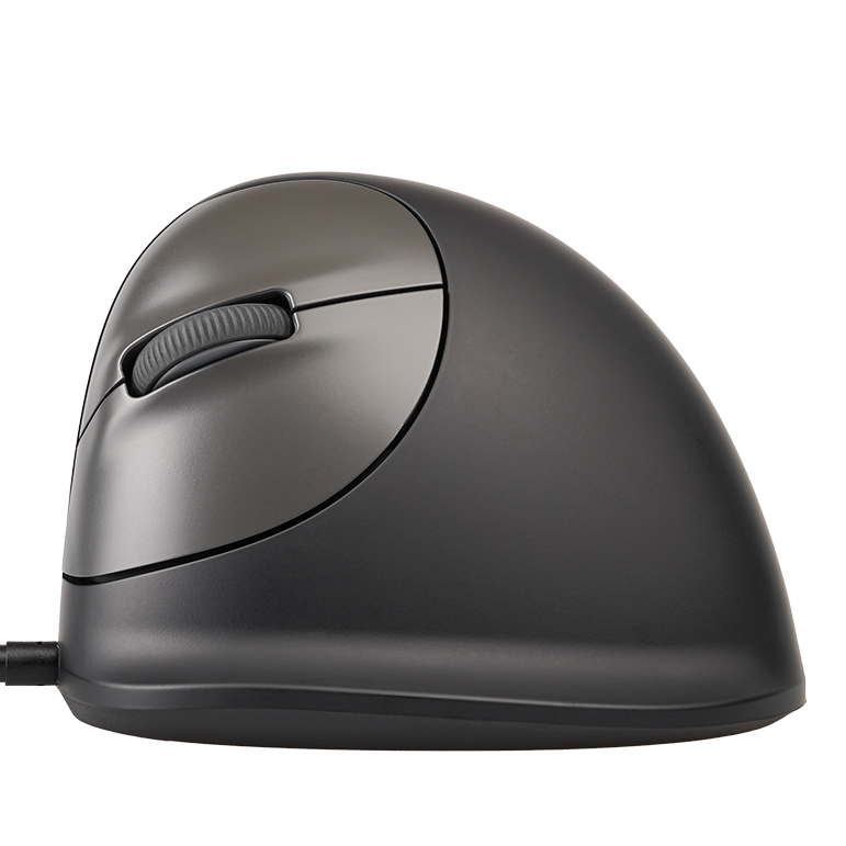Un ratón de ordenador vertical ergonómico negro visto de perfil sobre un fondo negro.