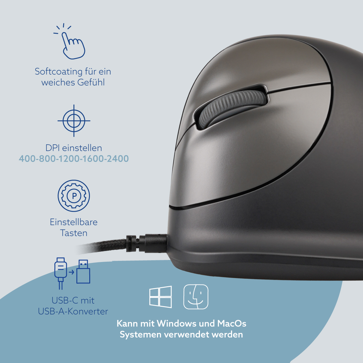 Ratón de ordenador negro ergonómico con cable trenzado y características.