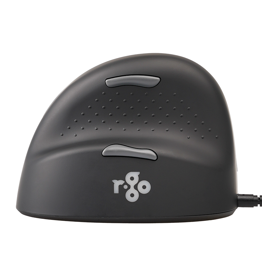 Un ratón de ordenador vertical ergonómico negro con botones grises y un logotipo blanco sobre fondo negro.