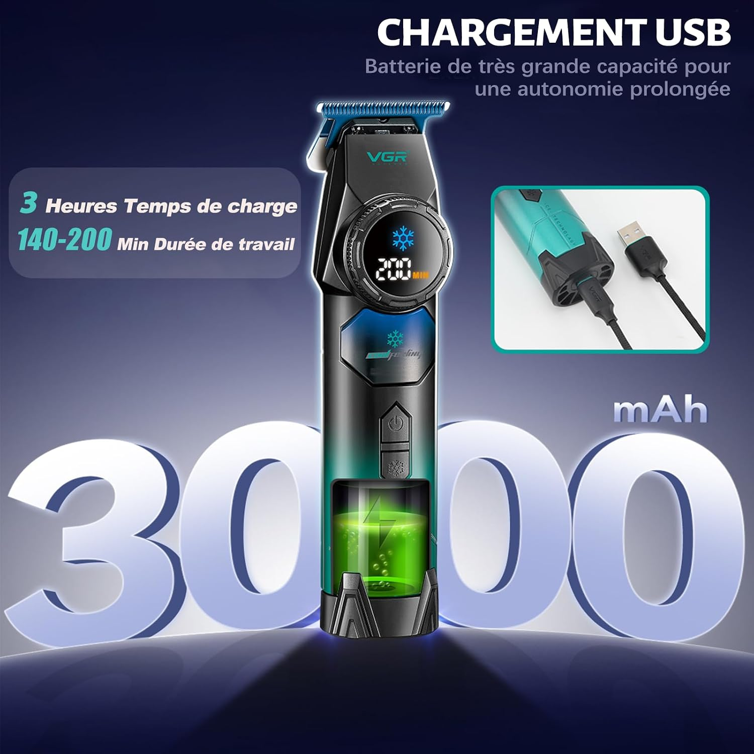 Mavi arka planda USB şarjı, LCD ekranı ve 3000mAh bataryası olan VGR saç kesme makinesi.