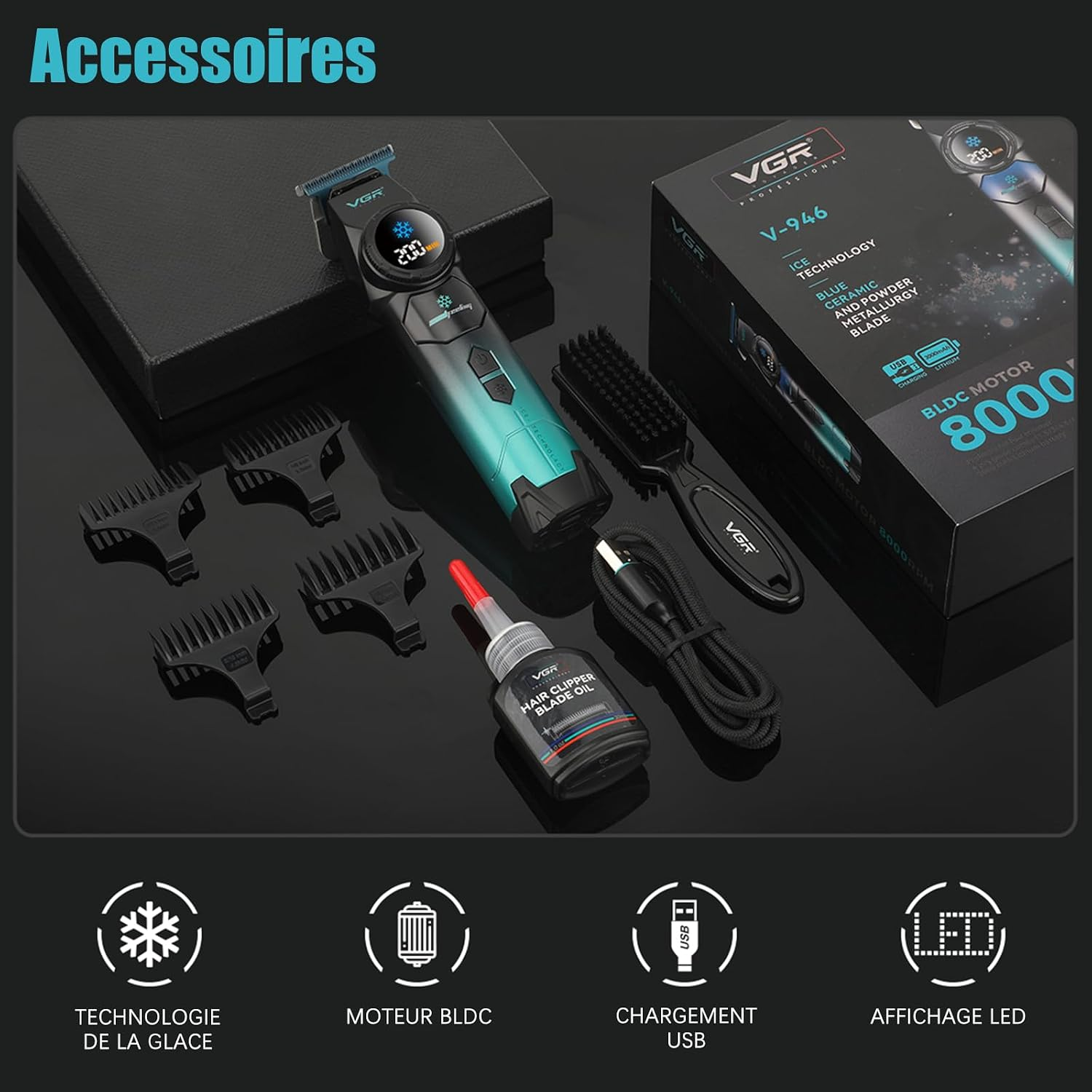 Aksesuarları, kutusu, temizleme fırçası, yağı ve USB kablosu olan tıraş makinesi.