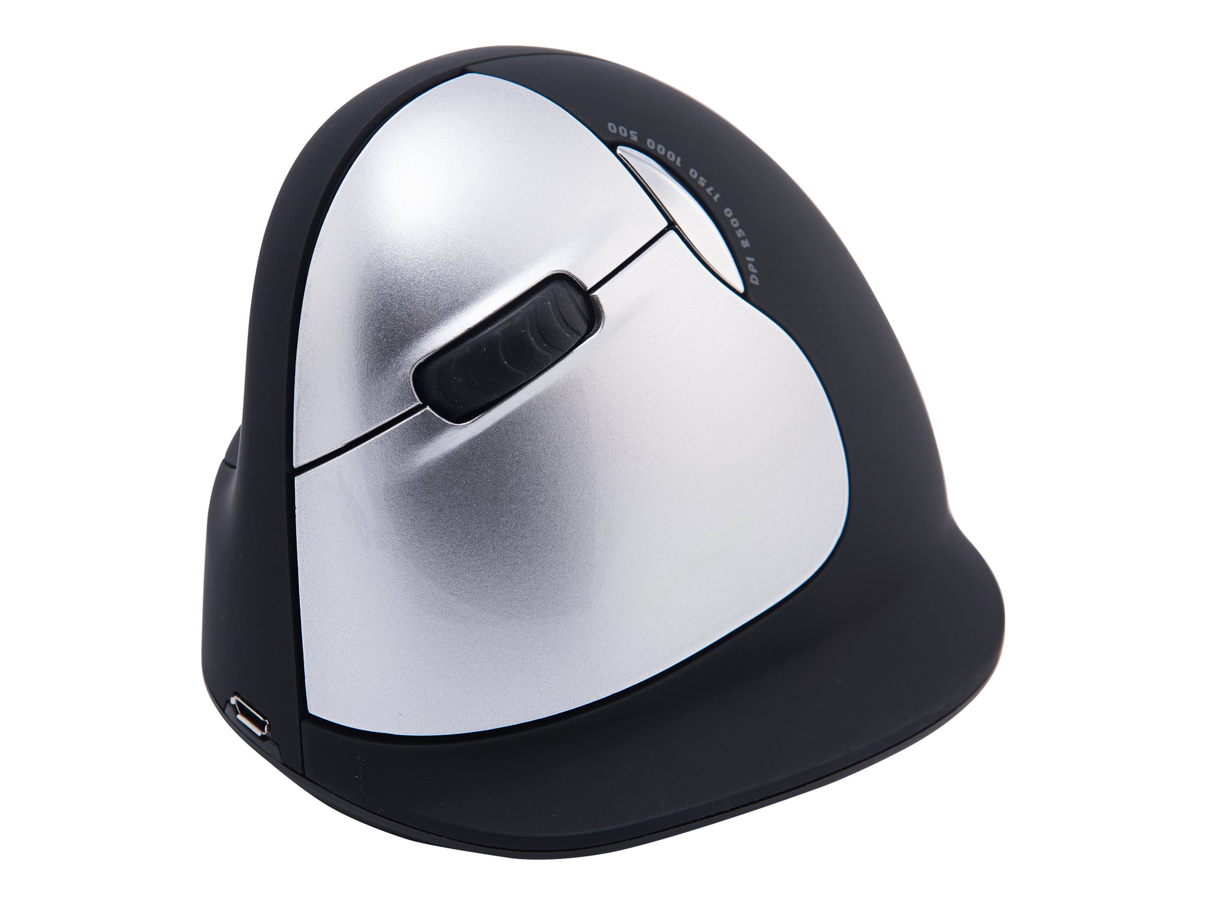 An ergonomic vertical computer mouse in black and silver on a white background.