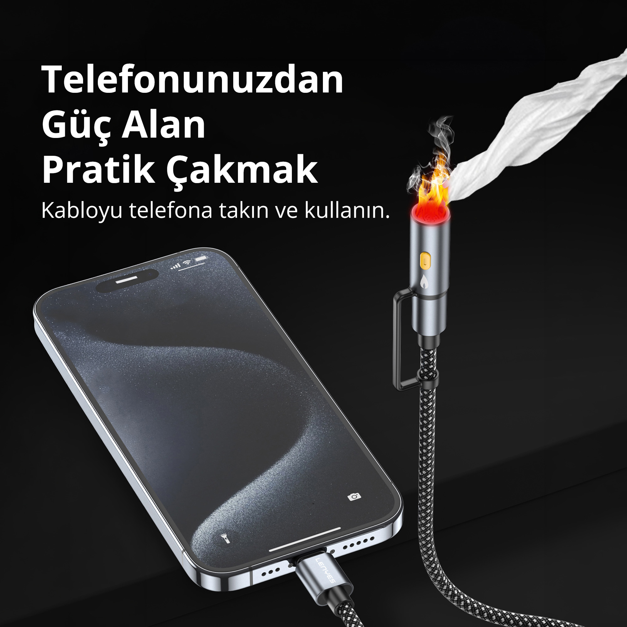 Telefonla şarj olan, bir peçeyi yakan elektrikli çakmak ve Türkçe metin.