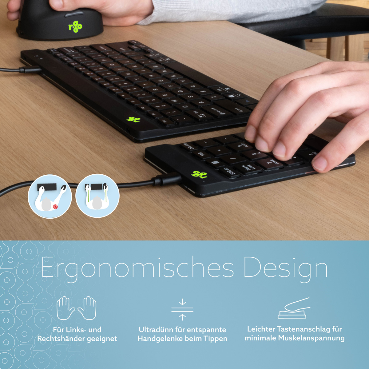 Tastiera ergonomica e tastierino numerico su scrivania in legno con testo in tedesco.