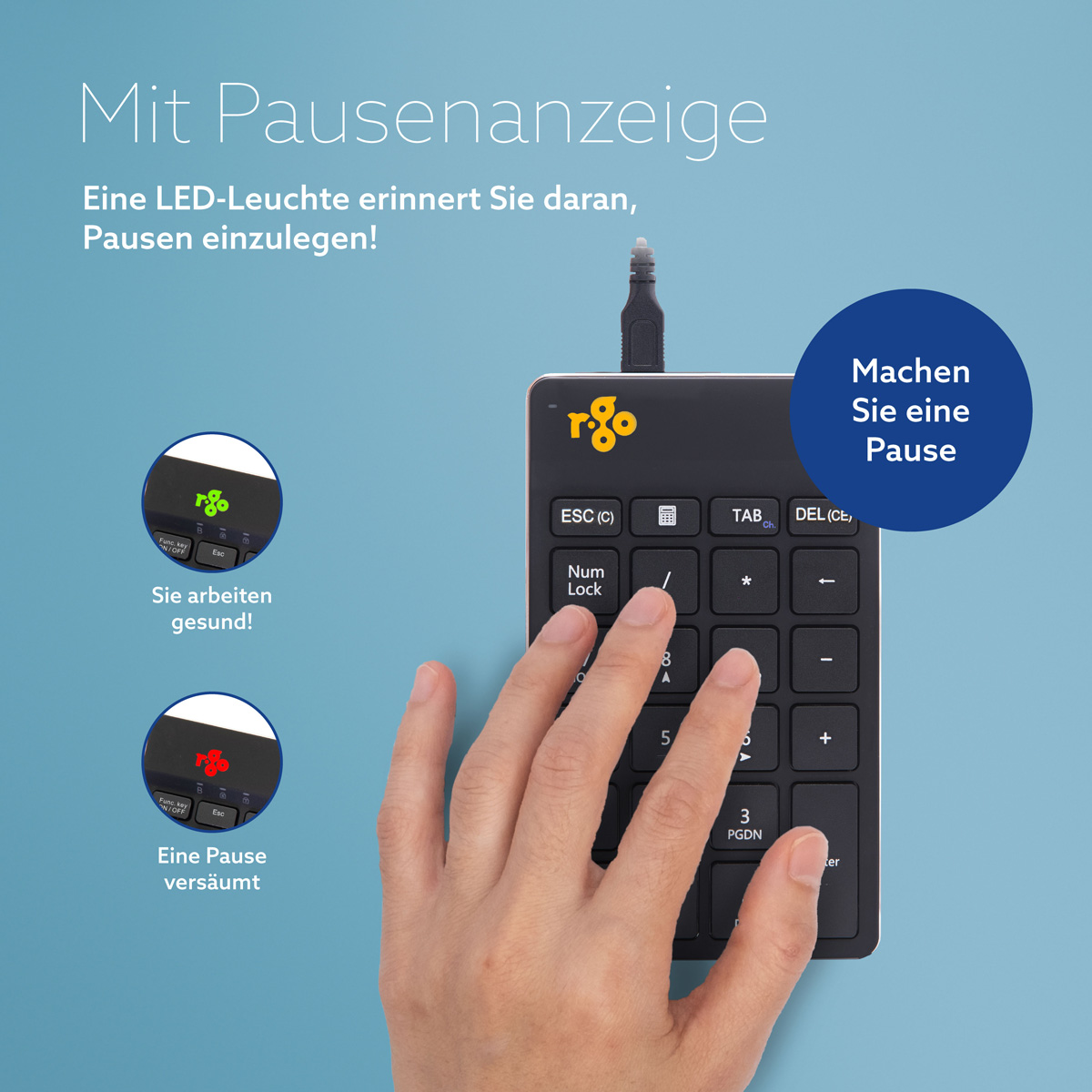 Mano che digita su un tastierino numerico con indicatore LED di pausa.