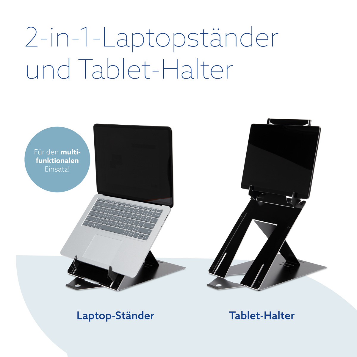 Ein 2-in-1-Ständer zeigt links einen Laptop und rechts ein Tablet auf weißem Hintergrund mit blauem Text.