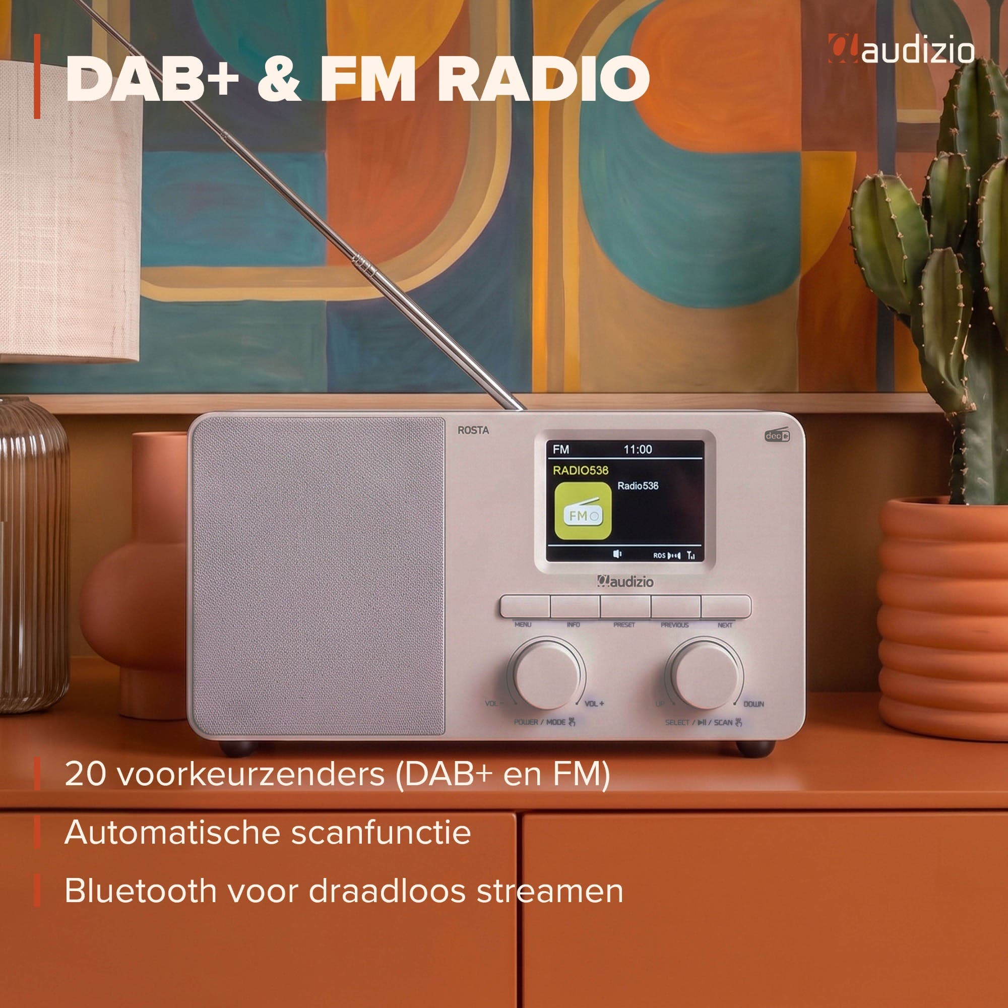Ein weißes Audizio DAB+ und FM Radio steht auf einem Tisch vor einem farbenfrohen Gemälde und einem Kaktus.