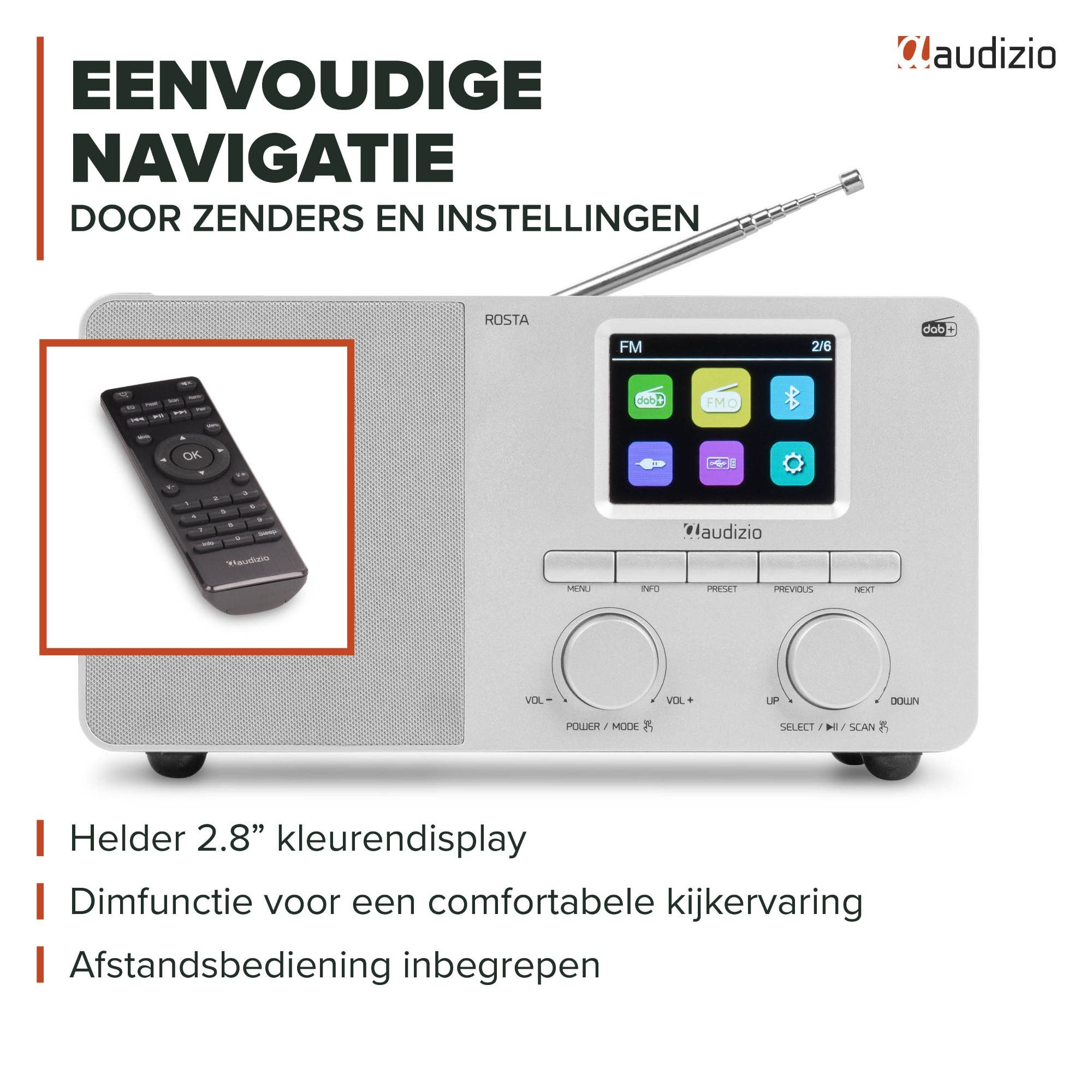 Audizio Digitalradio in Silber mit Farbdisplay, Antenne und Fernbedienung.