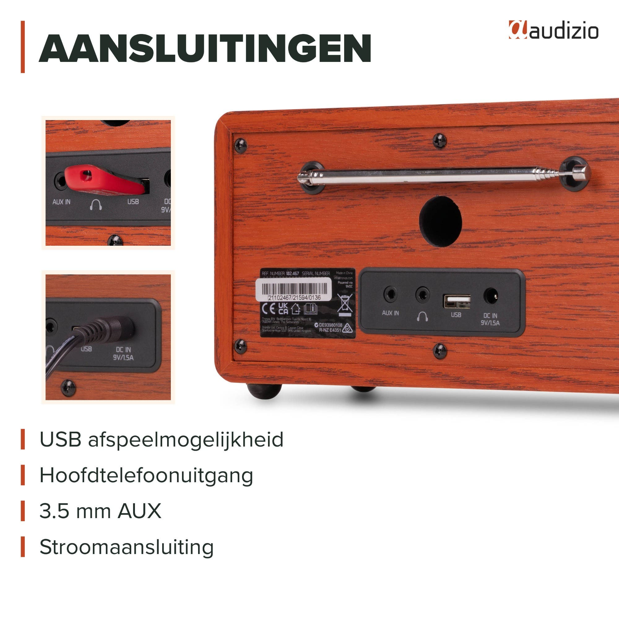 Rückseite eines Holzdioradios mit Anschlüssen für AUX, Kopfhörer, USB und Strom.