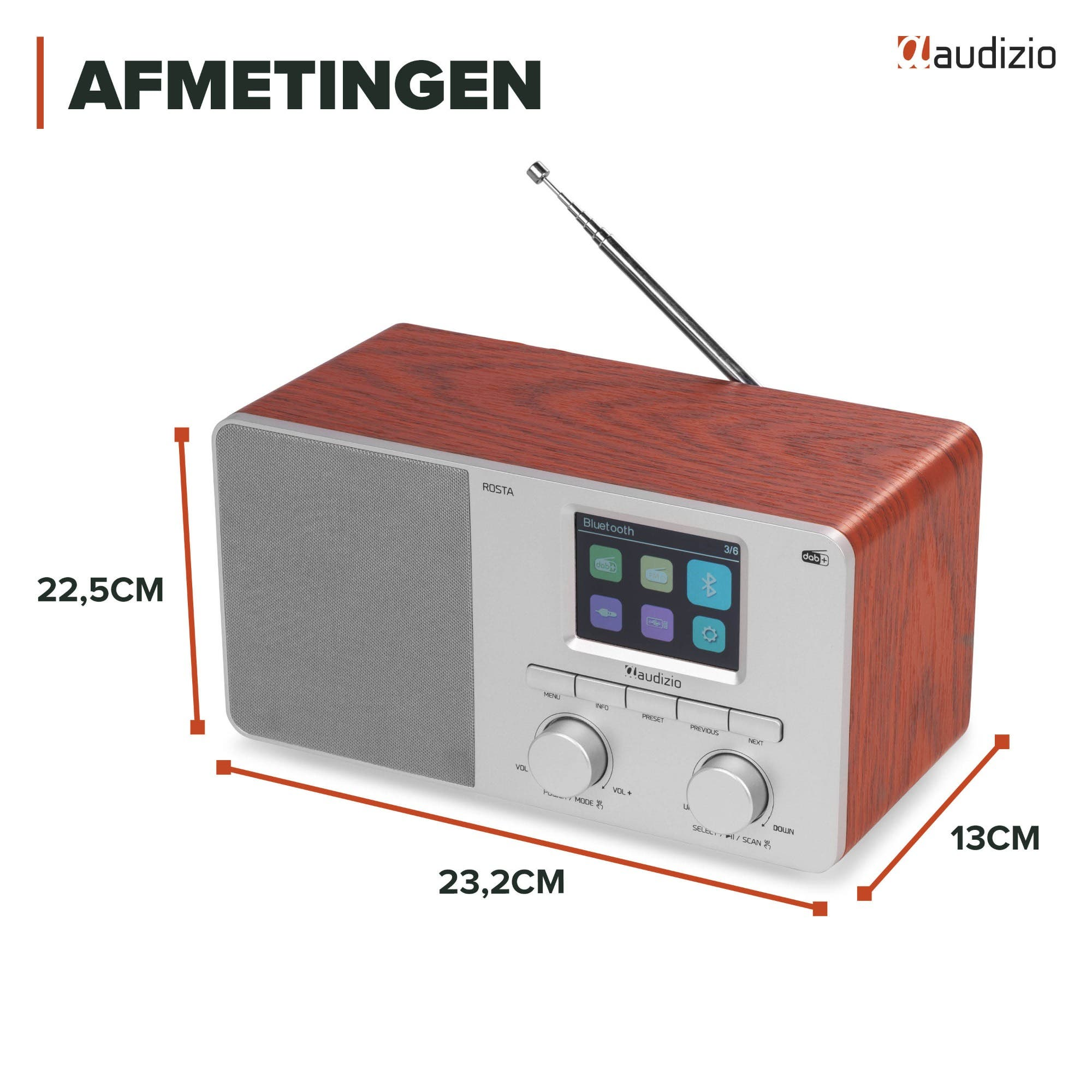 Holzfarbenes Radio mit silberner Blende, Display und Antenne, zeigt Maße: 23,2 x 13 x 22,5 cm.