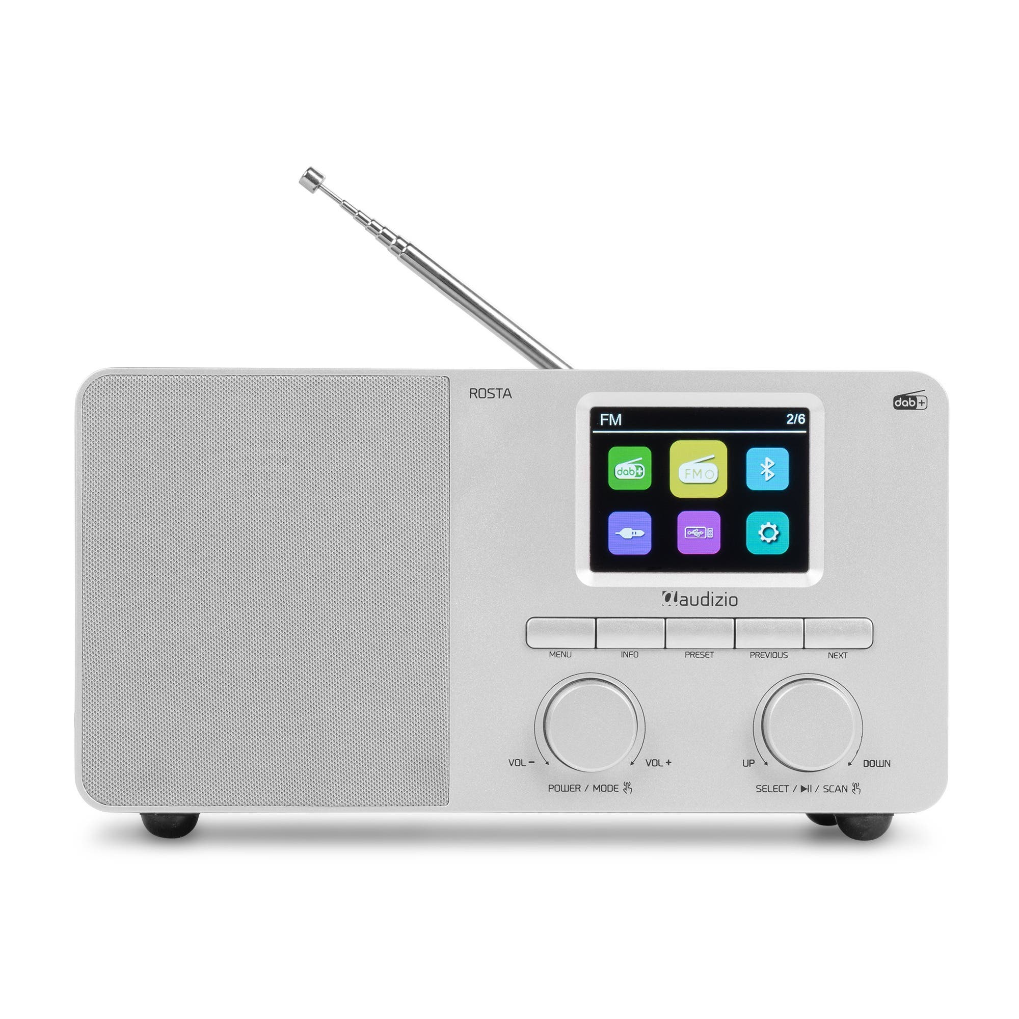 Silbernes Audizio DAB+-Radio mit Antenne, Farbdisplay, Tasten und zwei Drehknöpfen auf weißem Hintergrund.