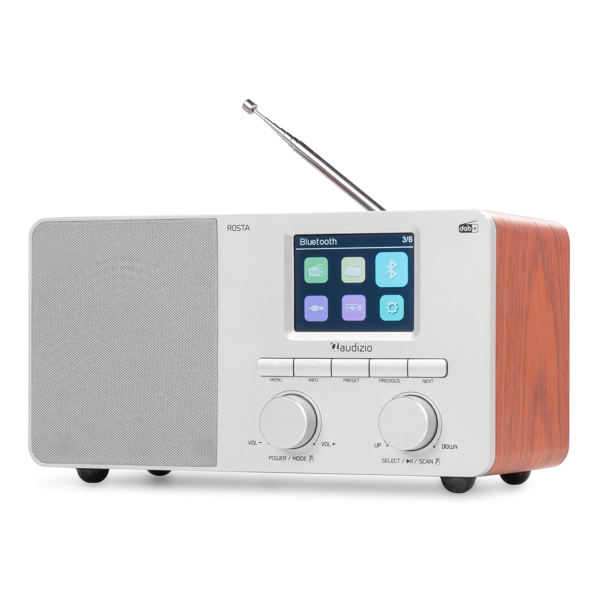 Ein silbernes Holzradio mit digitalem Bildschirm, Lautsprecher, Reglern, Tasten und Antenne.