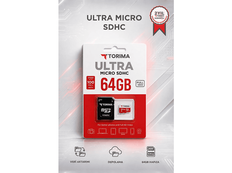 TORIMA 100MB/s Adaptör Dahil microSDHC 64 GB Hafıza Kartı