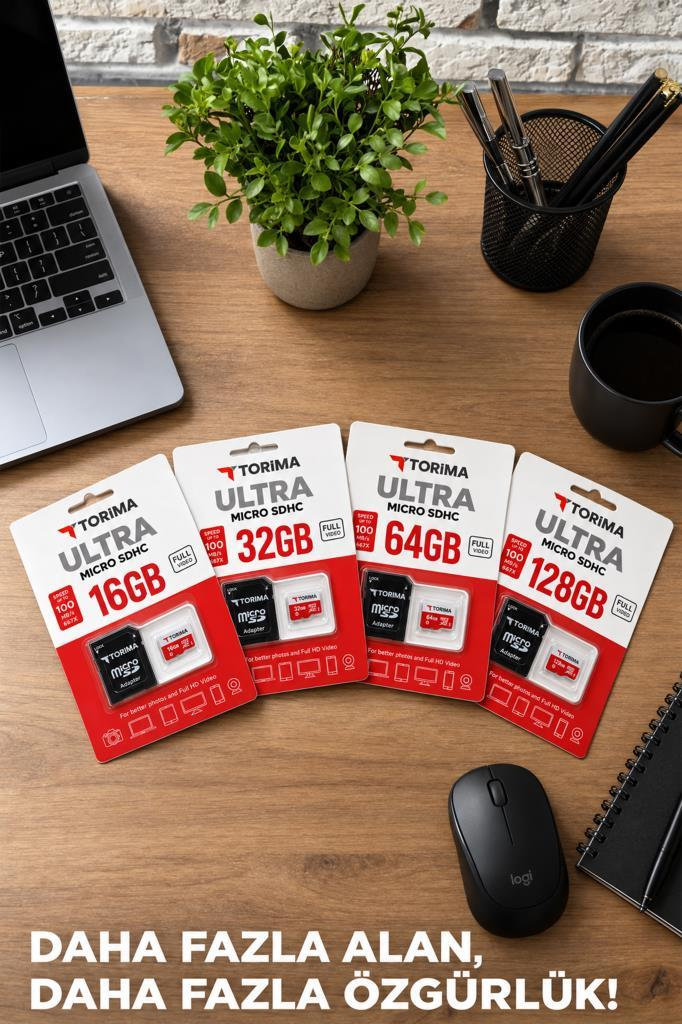Ahşap masa üzerinde dizüstü bilgisayar ve bitki yanında 16GB, 32GB, 64GB ve 128GB Torima Ultra micro SD kartlar.