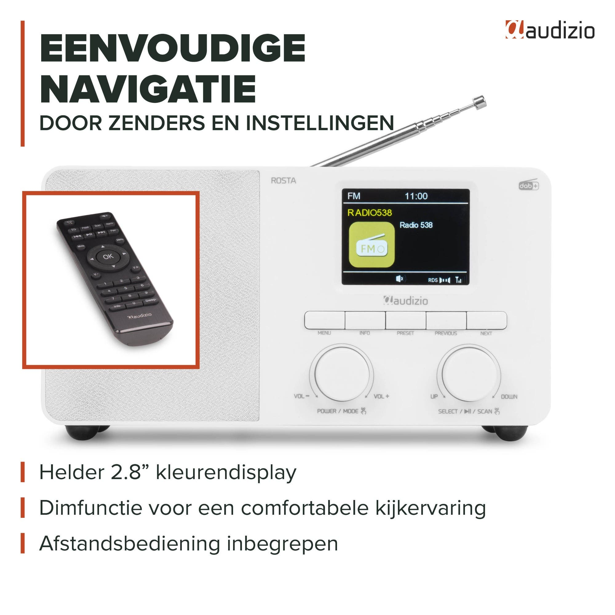 Weißes Audizio-Radio mit Farbdisplay, Drehreglern, Teleskopantenne und Fernbedienung.